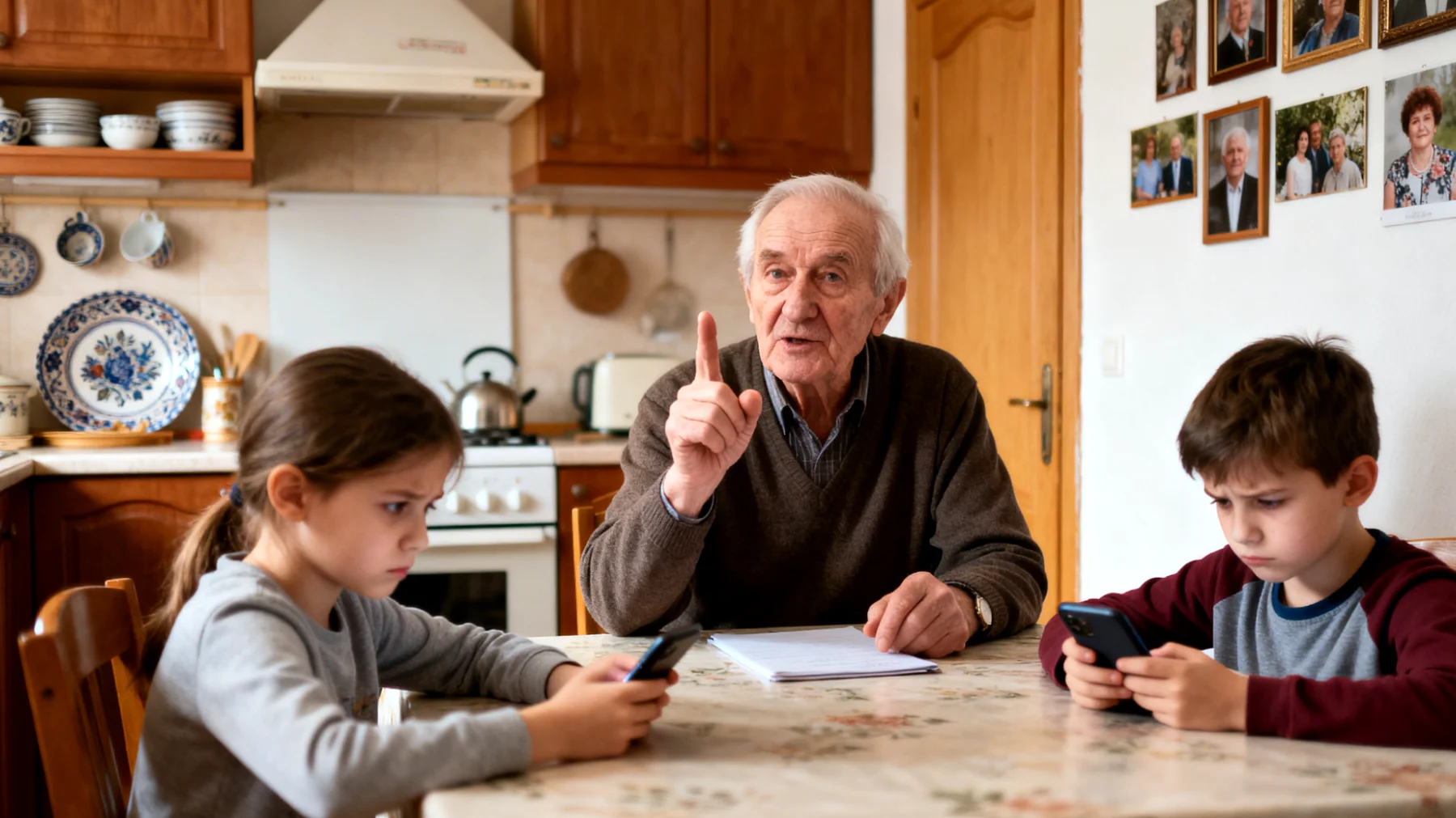 Dziadek stara się wychowywać wnuki według tradycyjnych metod i wartości, co prowadzi do nieporozumień z rodzicami dzieci oraz trudności w nawiązaniu głębszej relacji z wnukami, które nie rozumieją jego podejścia i uważają go za staroświeckiego."